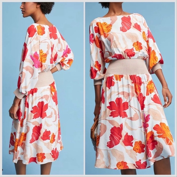 Anthropologie Maeve Orange Red Gemma Floral
Print Midi Dress size MP 100% rayon - Picture 1 of 12
